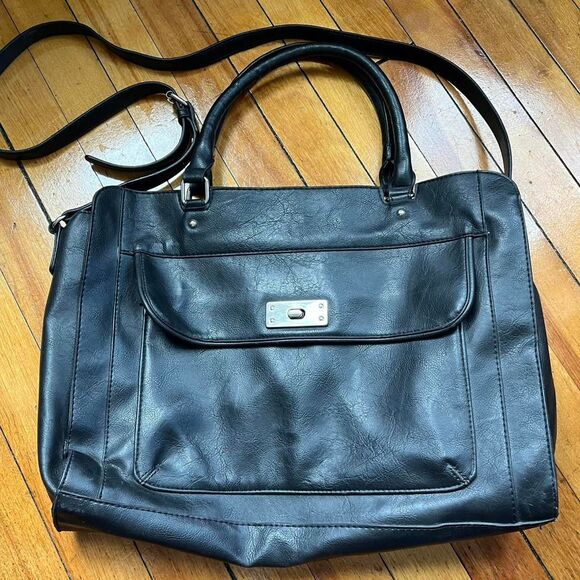 Merona Tote Bag Women's Black Leather Large - Picture 1 of 7
